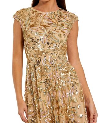 Sequined High Neck Cap Sleeve A Line Gown