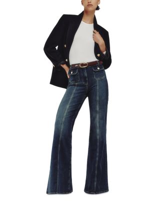 Petite Glora Mid Rise Button Detail Flare Jeans in Mid Blue