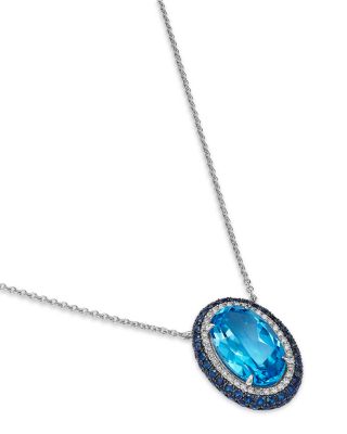 Swiss Blue Topaz, Blue Sapphire & Diamond Halo Pendant Necklace in 14K White Gold, 18"