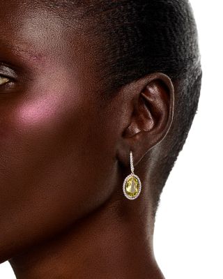 Lemon Quartz & Diamond Halo Drop Earrings in 14K Yellow Gold