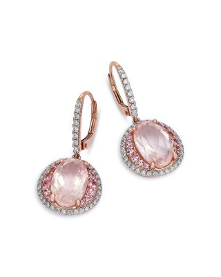 Rose Quartz, Pink Sapphire &amp; Diamond Halo Drop Earrings in 14K Rose Gold