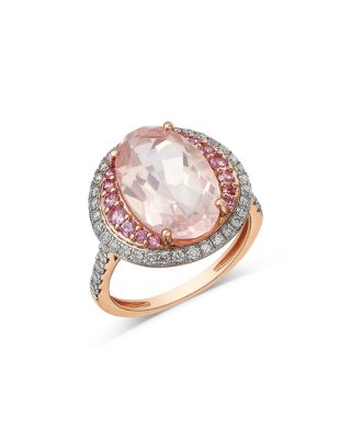 Rose Quartz, Pink Sapphire & Diamond Halo Ring in 14K Rose Gold