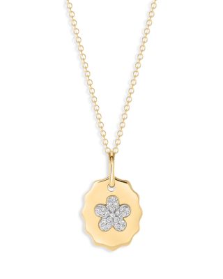 14K Yellow Gold Diamond Forget Me Not Medallion Necklace, 0.11 tcw