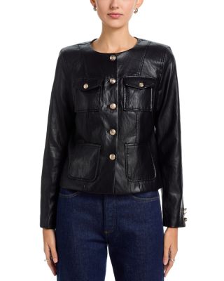 Collarless Faux Leather Jacket  
