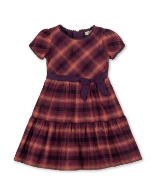 Girls' Organic Puff Sleeve Tiered Flannel Dress with Sash - Little Kid, Big Kid