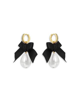 Riyya Ribbon Bow Imitation Pearl Huggie Drop Earrings, 0.9"L