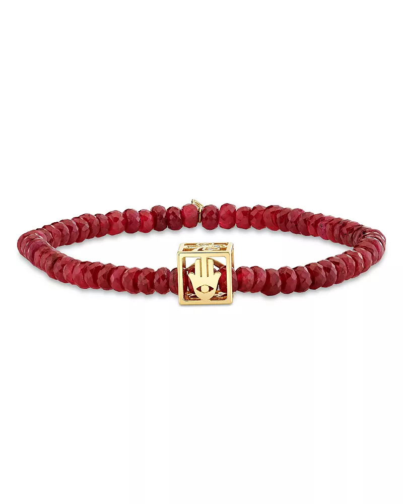 Sydney Evan 14K Yellow Gold Diamond & Ruby Bead Open Box Rondelle Bracelet