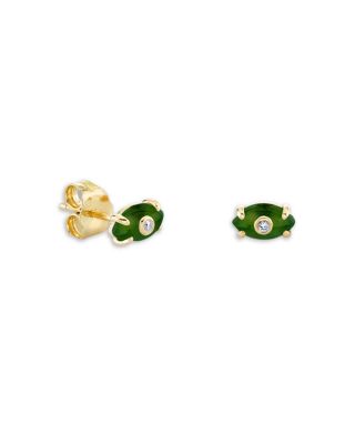 14K Yellow Gold Diamond & Nephrite Jade Tiny Carved Stone Bezel Protective Eye Stud Earrings, 0.01 tcw