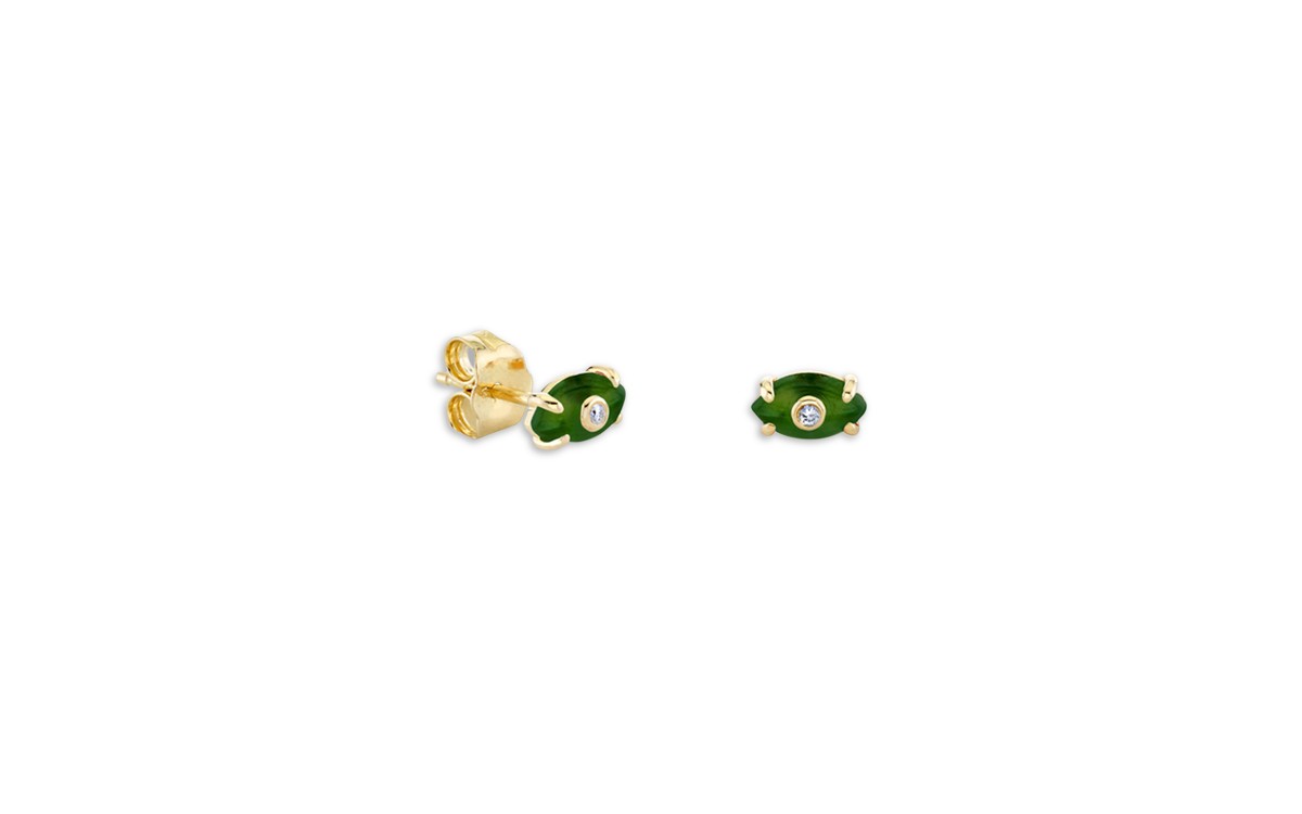 14K Yellow Gold Diamond & Nephrite Jade Tiny Carved Stone Bezel Protective Eye Stud Earrings, 0.01 tcw