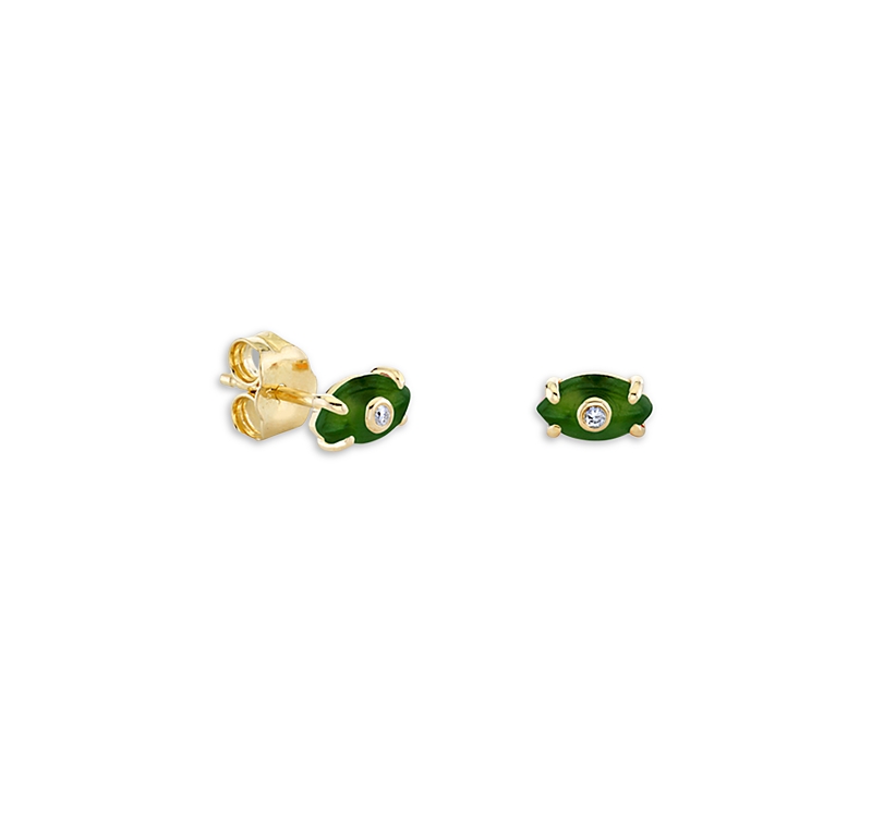 Sydney Evan 14k Yellow Gold Diamond & Nephrite Jade Tiny Carved Stone Bezel Protective Eye Stud Earrings, 0.01 T In Gold