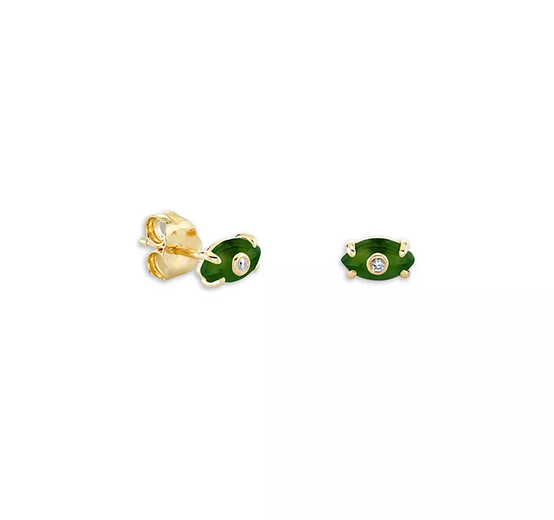 Sydney Evan 14K Yellow Gold Diamond & Nephrite Jade Tiny Carved Stone Bezel Protective Eye Stud Earrings, 0.01 tcw