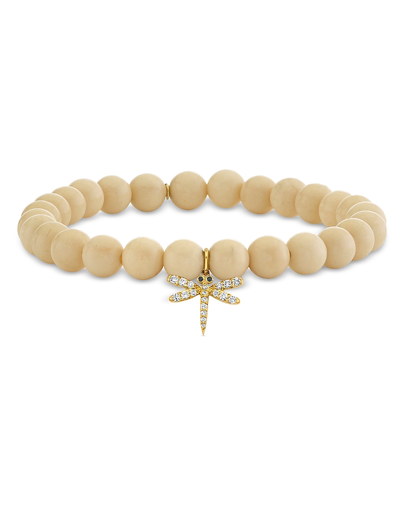 Sydney Evan 14k Yellow Gold Diamond & White Coral Dragonfly Charm Beaded Bracelet In Neutral