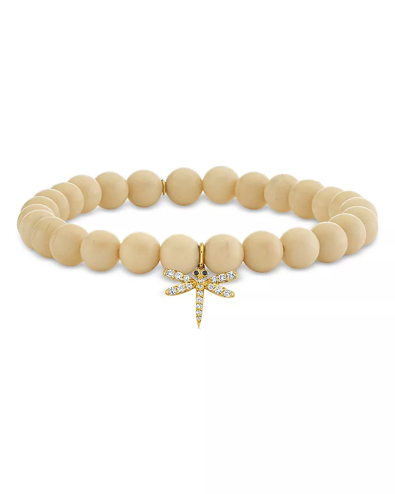Sydney Evan 14K Yellow Gold Diamond & White Coral Dragonfly Charm Beaded Bracelet