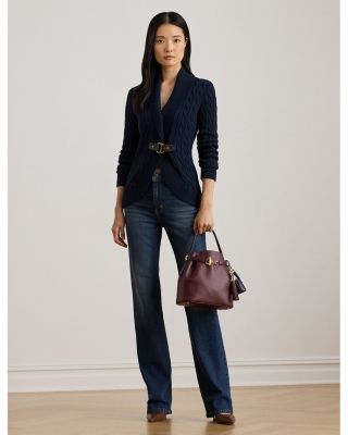 Buckle Trim Cable Shawl Collar Cardigan