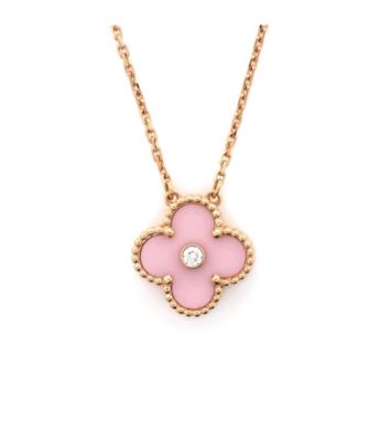  Vintage Alhambra Pendant Necklace 18K Rose Gold and Pink Sevres Porcelain with Diamond, 14.5 - 16.25"