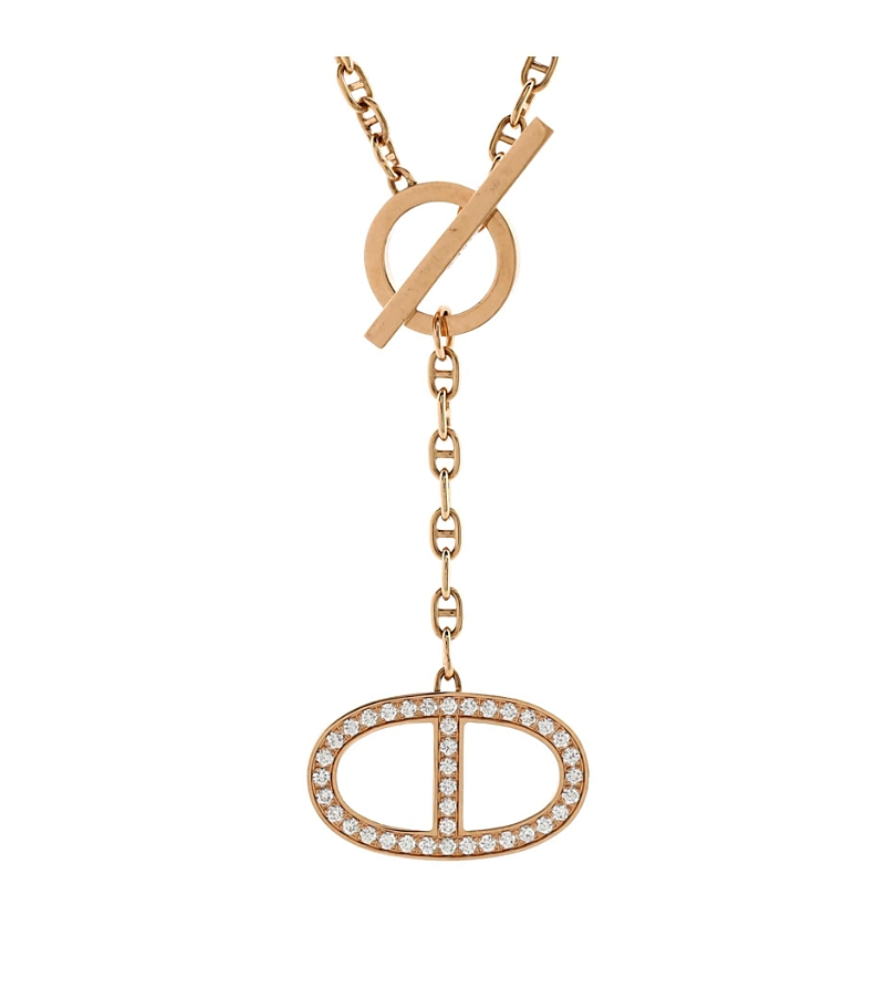 PRE-OWNED HERMES Pre-owned Hermes Large Chaine D'ancre Contour Pendant Necklace 18k Rose Gold With Diamonds, 16.5 In Pink