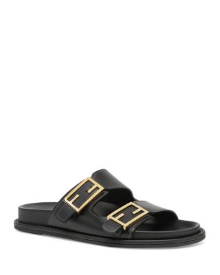 Fendi F Buckle Leather Slide Sandals In Black
