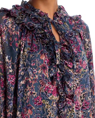 Long Sleeved Floral Satin Burnout Ruffled Blouse - Exclusive