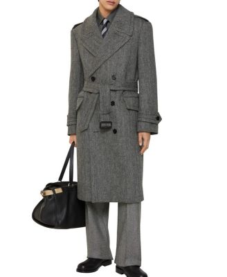  Long Herringbone Wool Trench Coat