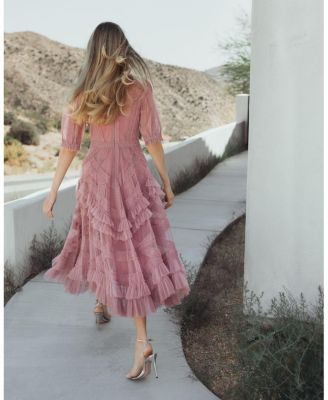High Neck Puff Sleeve Ruffle Tiered Dress