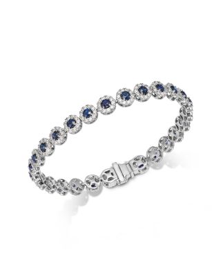Blue Sapphire & Diamond Halo Tennis Bracelet in 14K White Gold