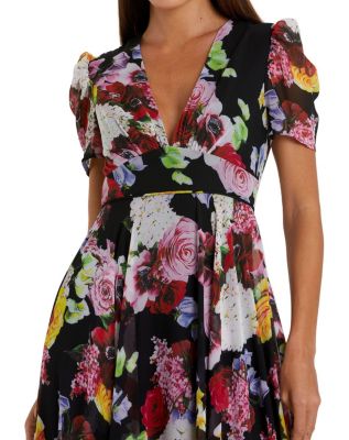 Floral Print Mesh Cap Sleeve Gown