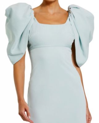 Fitted Crepe Scoop Neck Gown With Puff Sleeves