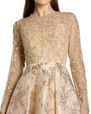  Long Sleeve Beaded Mesh Brocade Skirt Ballgown