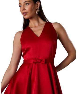 Bow Trim V-Neck Volume Skirt Midi Dress
