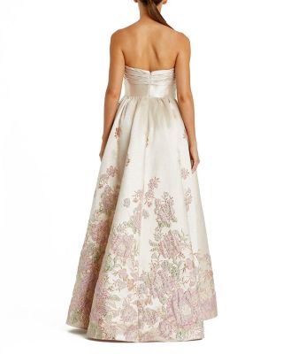 Brocade Strapless Floral Gown with Bow Detail