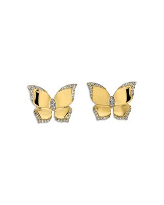 18K Yellow Gold Butterfly Diamond Oro Stud Earrings