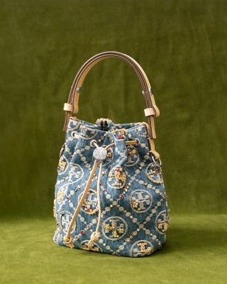 T Monogram Embellished Denim Bucket Bag