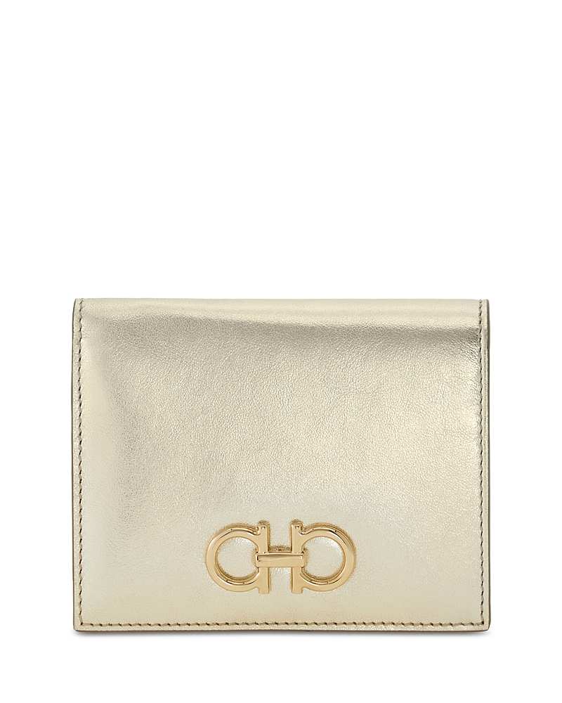 Ferragamo Gancini Laminated Leather Compact Wallet In Gold