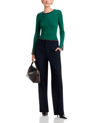 Long Bell Sleeved Rib Contrast Tipping Crewneck Pullover Sweater