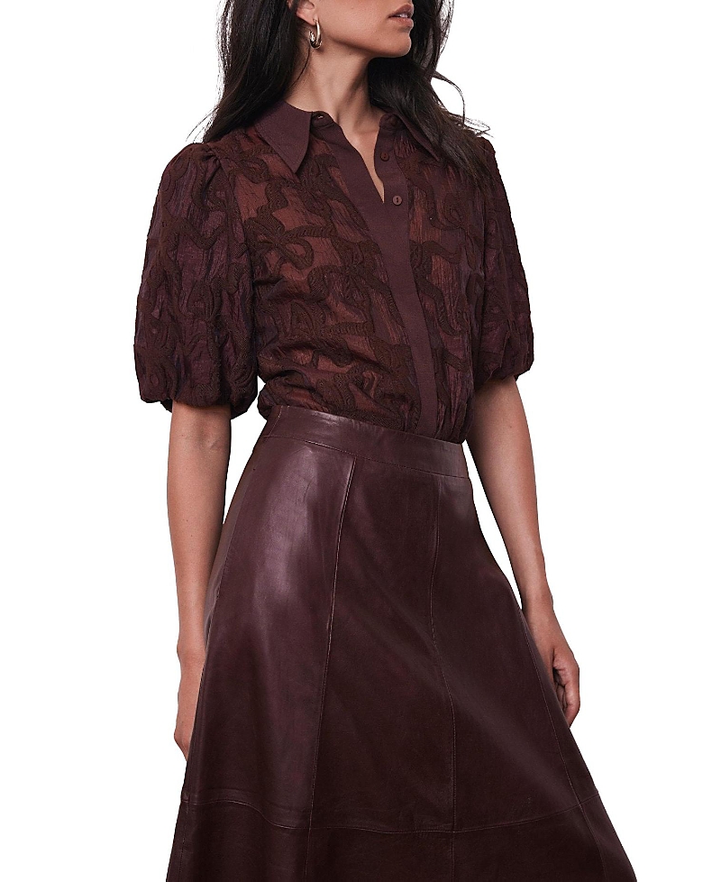 Mint Velvet Jacquard Puff Sleeve Shirt In Burgundy