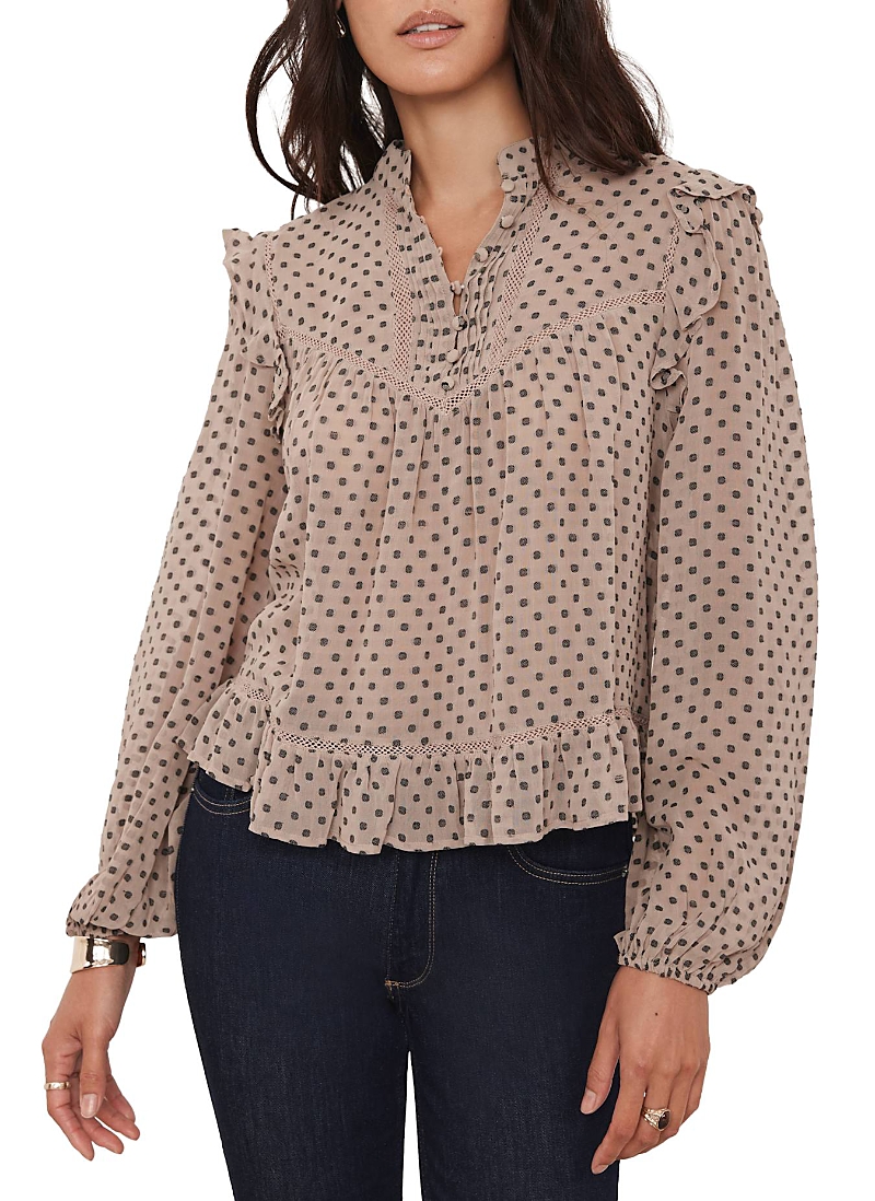 Mint Velvet Neutral Jacquard Polka Dot Blouse In Brown