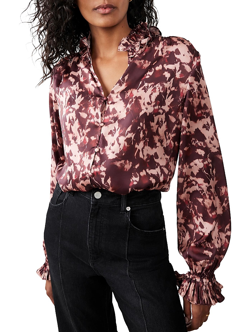Mint Velvet Printed Satin Blouse In Burgundy