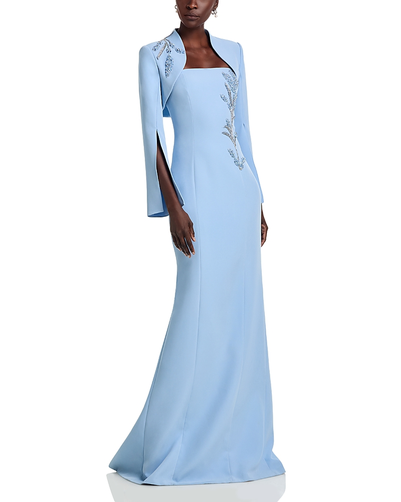 Teri Jon by Rickie Freeman Crepe Bead Trim Bolero & Strapless Gown