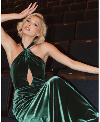 Twist Neck Open Front Velvet Draped Gown