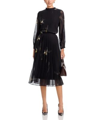 Printed Long Sleeve Top &amp; Pleated Midi Skirt Set