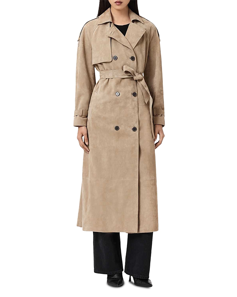 Allsaints Reed Suede Trench Coat In Brown