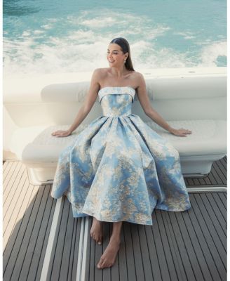 Strapless Brocade Midi Dress with Pockets