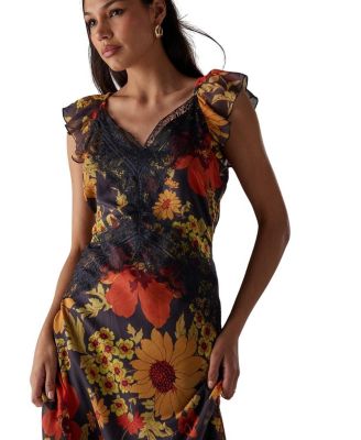 Lace Insert Frill Sleeve Midi Dress