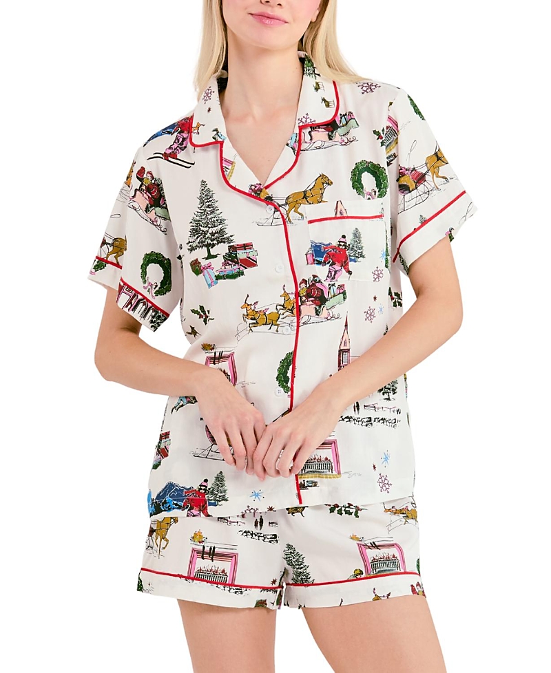 Katie Kime Holiday Toile Pajama Shorts Set In Multi