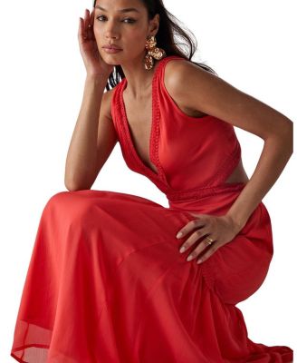 Chiffon Fringe Trim Cut Out Maxi Dress