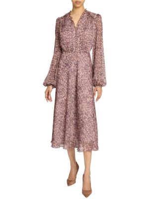 Amal Printed Georgette Long Sleeve Fit and Flare Midi Dress