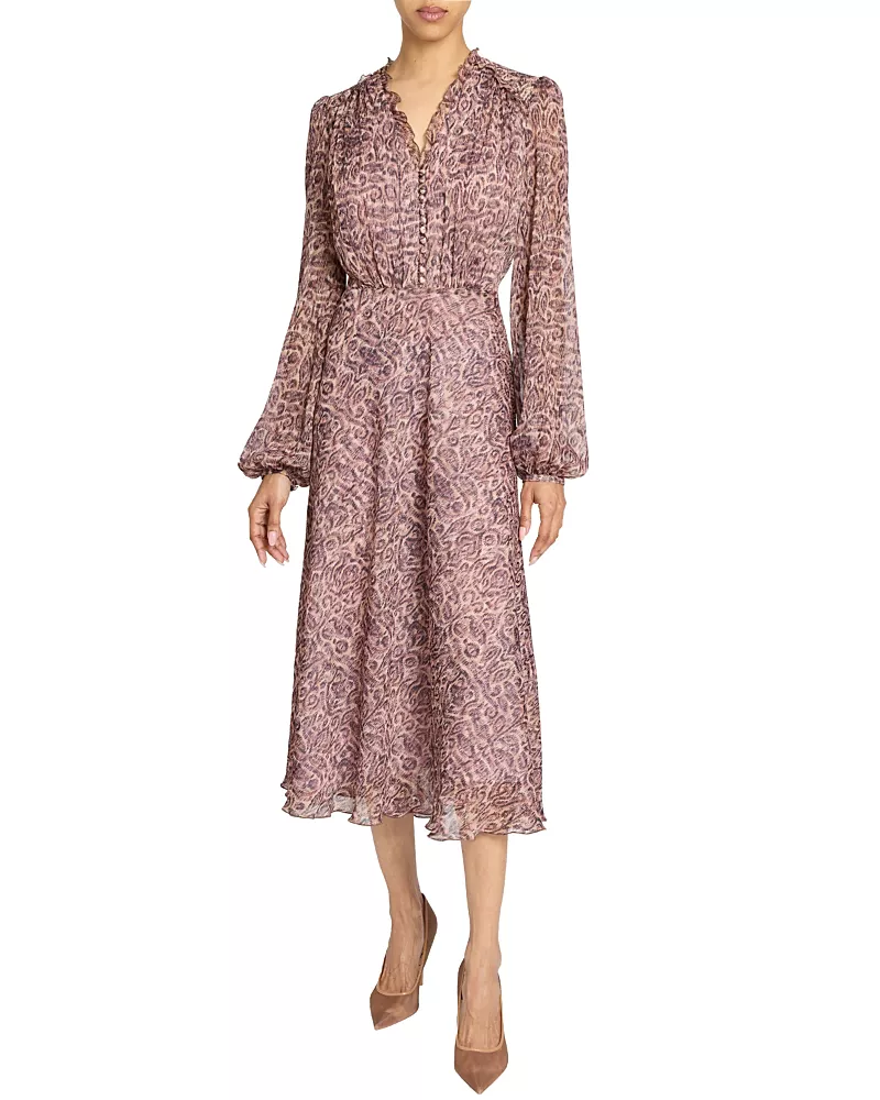 Santorelli Amal Printed Georgette Long Sleeve Fit and Flare Midi Dress