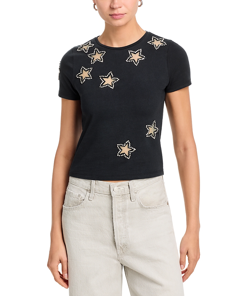 Alice And Olivia Cindy Embellished Cropped Tee In Black