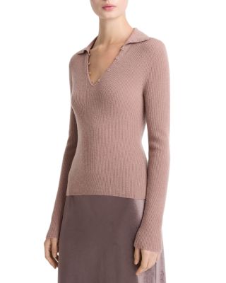 Cashmere Silk Ribbed Button Loop Polo Top