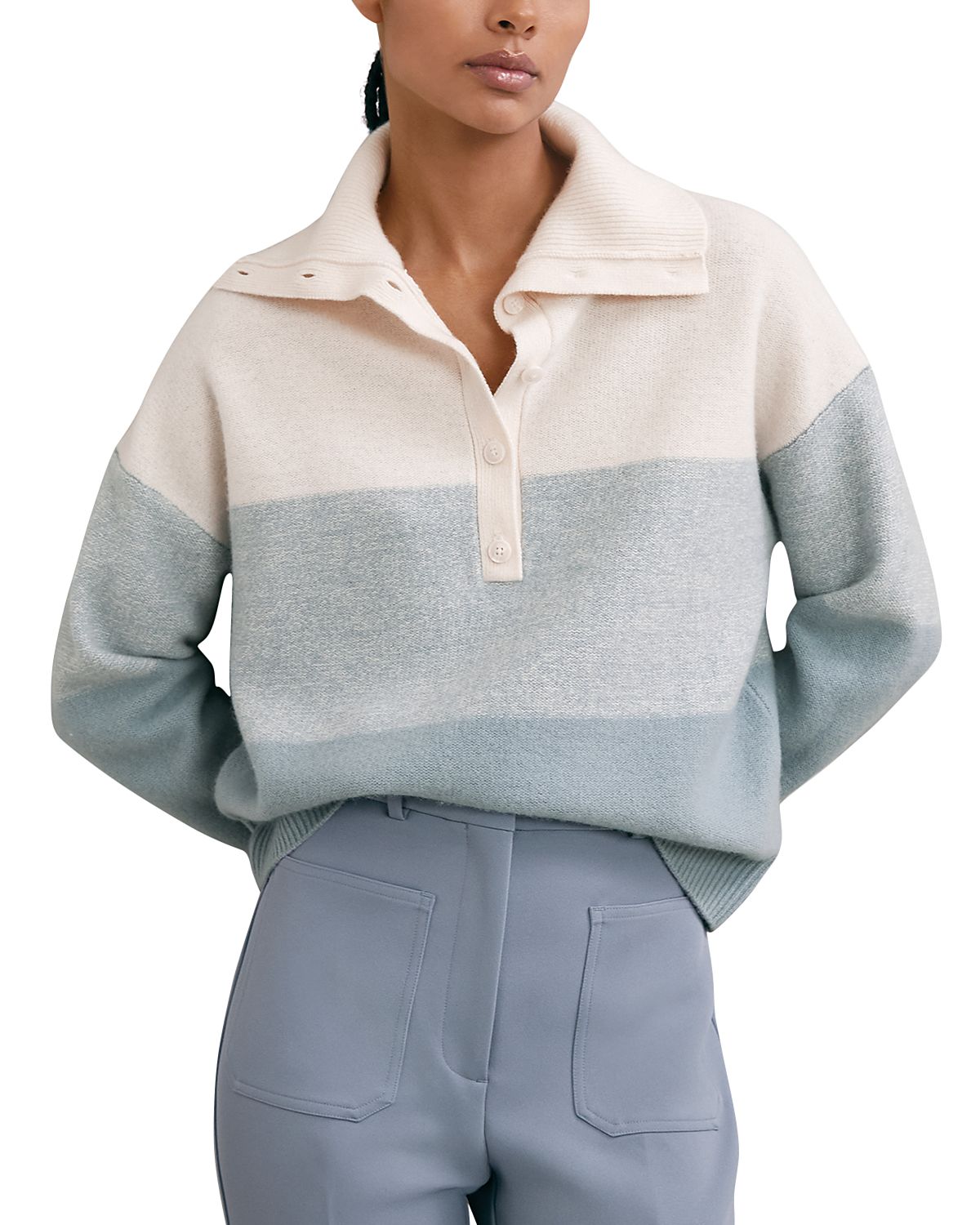 Reiss Flora Stripe Button Neck Sweater